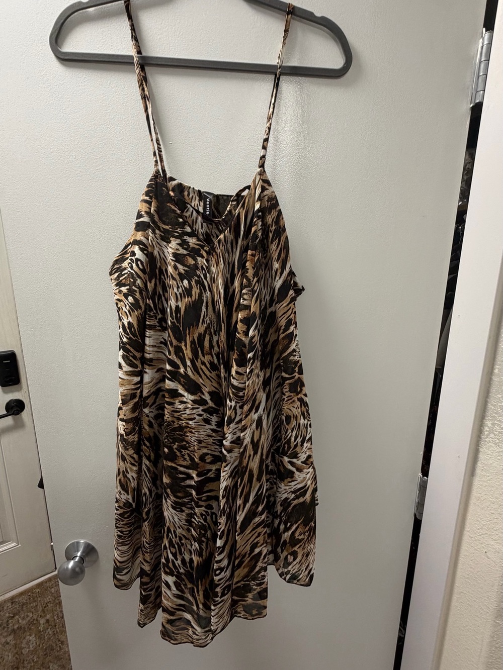 Animal-Print Spaghetti Strap Mini Dress in Brown